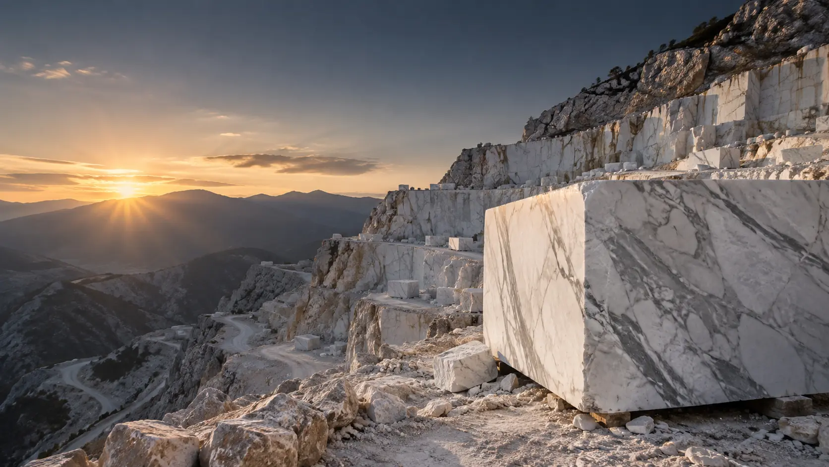 Turkish marble quarry blocks at sunrise