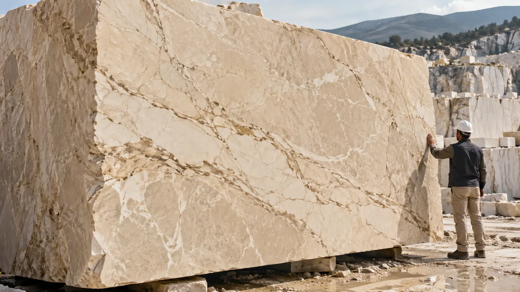 Beige marble block selection at a Turkish quarry