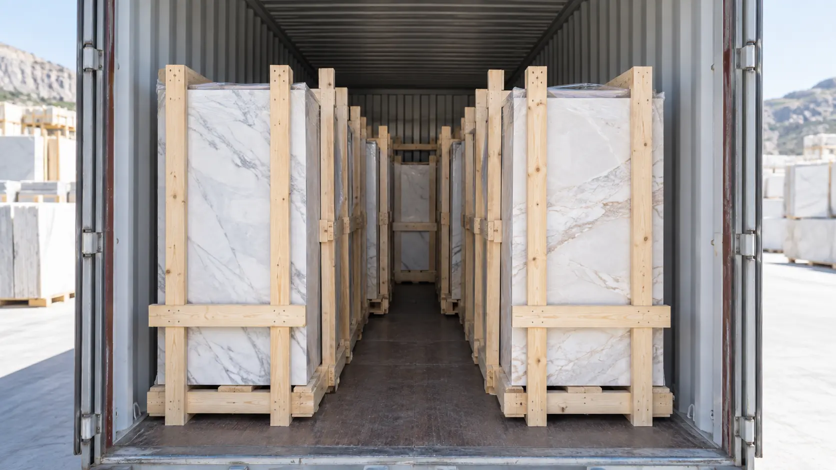 Marble export packing inside a shipping container